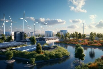 Sustainable power plant harnessing solar panels, wind turbines, and hydrogen tanks for renewable energy. 3D representation. Generative AI