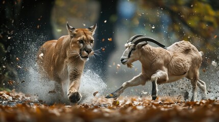 A cougar chasing a goat.