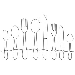 Continuous One Line Drawing. Spoons, Forks, Knives, Tableware. Cooking Equipment Line Art Style for Logo, Business Card, Banner. Black and White Minimalist Vector Illustration