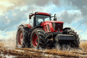Big tractor on a field in spring.