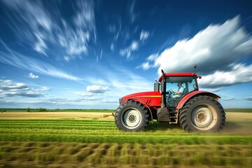 A tractor shuttles through the farmland very fast.