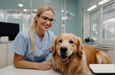Portrait of a Young Woman Veterinarian in Glasses Petting a Noble Healthy Golden Retriever Pet in a Modern Veterinary Clinic from Generative AI