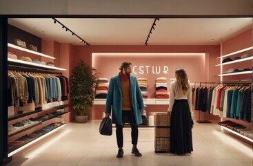 Customers Shopping in Modern Clothing Store, Retail Sales Associate Assists Client from Generative AI