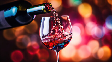Elegant red wine being poured into a clear glass, with a sparkling bokeh background creating a festive atmosphere.