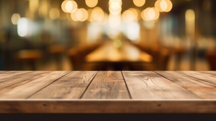 The empty wooden table top with blur background of cafe. Exuberant image. generative ai