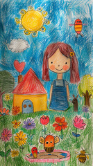 Peaceful garden with flowers, bees, and a birdbath with chalk by Generative AI