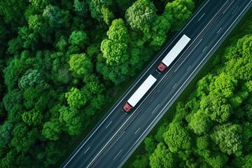 Top view of truck driving on highway road in green forest.