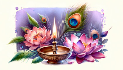 Watercolor illustration of oil lamp with decoration for thaipusam.