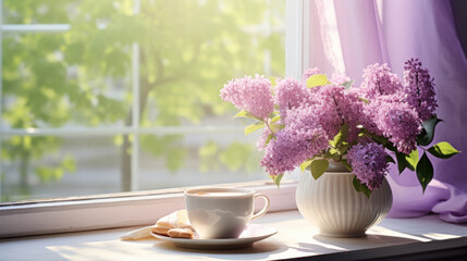 A cozy morning setting with a cup of coffee and fresh lilacs on a window sill, illuminated by warm sunlight.