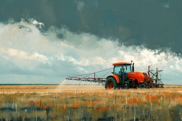 Fototapeta premium Tractor spraying pesticides fertilizer on a field.