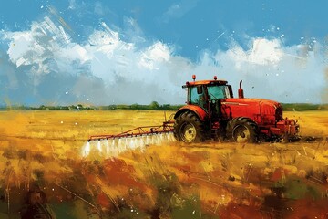 Fototapeta premium Tractor spraying pesticides fertilizer on a field.