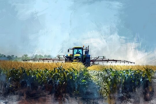 Tractor spraying pesticides fertilizer on corn field.