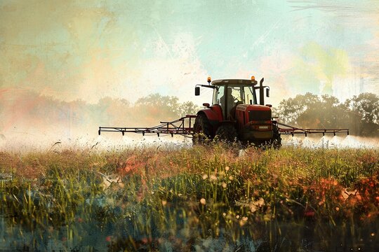 Tractor spraying pesticides fertilizer on a field.