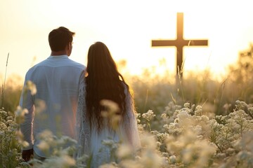 Back of couple in white clothes getting married on the cross of Jesus. - obrazy, fototapety, plakaty