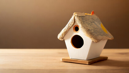 Obraz na płótnie Canvas Beautiful bird house on wooden table on brown background with copy space