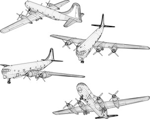 Vector sketch illustration of the design of a cargo-carrying Boeing airplane - obrazy, fototapety, plakaty