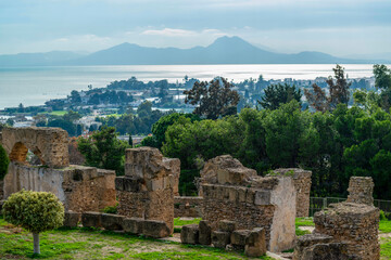 Fototapeta na wymiar Vue sur la baie de Tunis depuis le site archéologique de Carthage