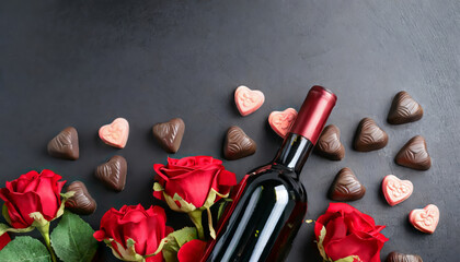 Fototapeta na wymiar Bottle of red wine, beautiful roses and heart shaped chocolate candies on black background with copy space