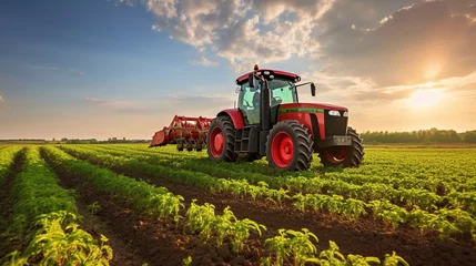 Badezimmer Foto Rückwand Big tractor on a soybean field in spring. © Bargais