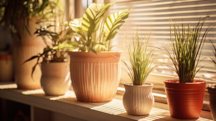 A collection of indoor houseplants basks in the warm sunlight filtering through blinds, creating a serene domestic environment.