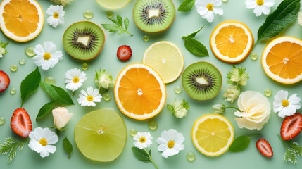 Vibrant citrus fruits and delicate flowers artfully arranged on a pastel green background, exuding freshness and natural beauty. - obrazy, fototapety, plakaty