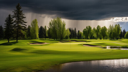 a rain delay on a green golf course on a stormy cloud - obrazy, fototapety, plakaty