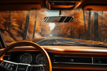 Driving a car in the autumn forest
