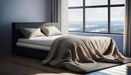 Comfortable bed with soft blanket near window indoors