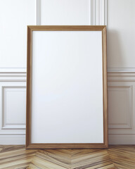 mockup of a blank large light oak frame leaning against a white wall.
