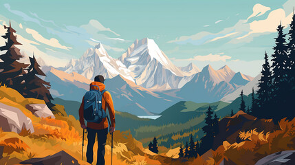 autumn mountains hiking flat color poster - obrazy, fototapety, plakaty