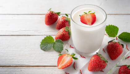 Delicious milk with strawberries on white wooden table with copy space
