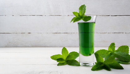 Delicious mint liqueur with green leaves on white wooden table with copy space