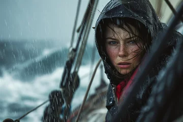 Gordijnen A young woman sailing through a storm. © Bargais