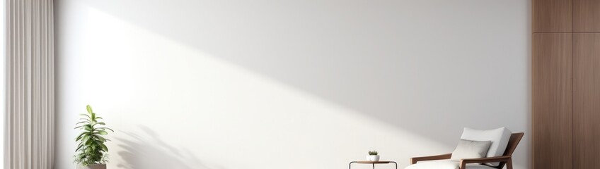 moderm style empty white wall living room decorate with brown lounge chair 3d render There are empty white wall with large open folding doors, The curtains swayed with the wind blowing into the room