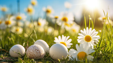 Three speckled eggs resting in the grass surrounded by white daisies basking in the warm sunlight.