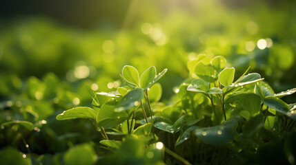 Fototapeta na wymiar Fresh clover leaves adorned with dew drops, illuminated by the soft morning sunlight in a lush field.