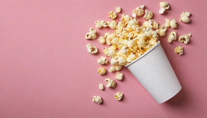 Overturned paper cup with delicious popcorn on pink background with copy space