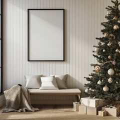 mockup empty, black vertical blank poster frame hanging on cream-colored shiplap wall next to a Christmas tree
