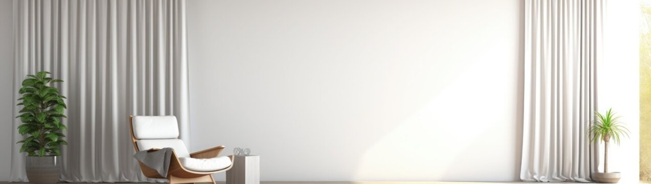 moderm style empty white wall living room decorate with brown lounge chair 3d render There are empty white wall with large open folding doors, The curtains swayed with the wind blowing into the room