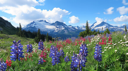 ベイカー山で最初の開花シーズンに咲くルピナスやその他の山の花を見にハイキングGenerativeAI