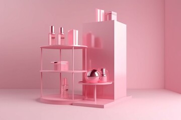 Pink display stand for showcasing products with room for ads. Rendered in 3D. Generative AI