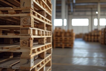 Freight euro pallet stacked in empty warehouse.	
