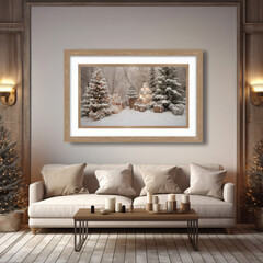 mockup empty, black horizontal blank poster frame hanging on cream-colored shiplap wall next to a Christmas tree