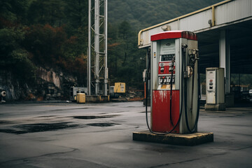 Vintage gas pump in the middle of the road, stock photo