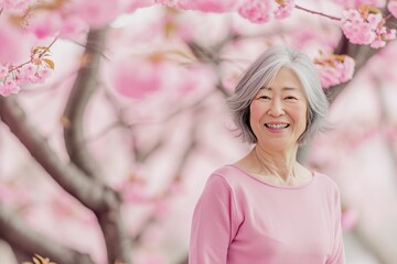 花見を楽しむ日本人おばあさんのポートレート（春・桜・祖母・おばあちゃん・シニア・高齢者）