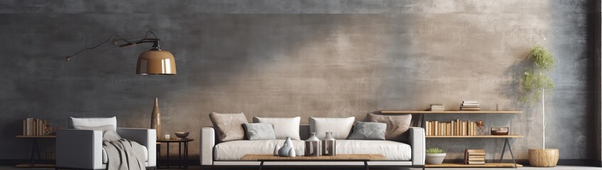 Fototapeta na wymiar Modern industrial living room interior, wall mockup, 3d render
