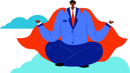 African businessman meditating in a suit. Calm male professional practices mindfulness against clouds. Business stress management and mental health vector illustration.