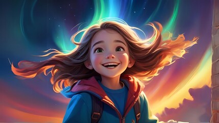 Obraz na płótnie Canvas Cute beautiful gorgeous girl looking at Northern light in the sky, digital art style, high resolution illustration 