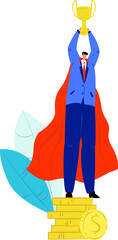 Businessman in suit and red cape stands on coins holding trophy aloft. Success, achievement and leadership. Award-winning professional celebrating victory vector illustration.