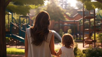 Back view of a mother holding hands with her child, walking towards a playground on a warm, sunny evening.